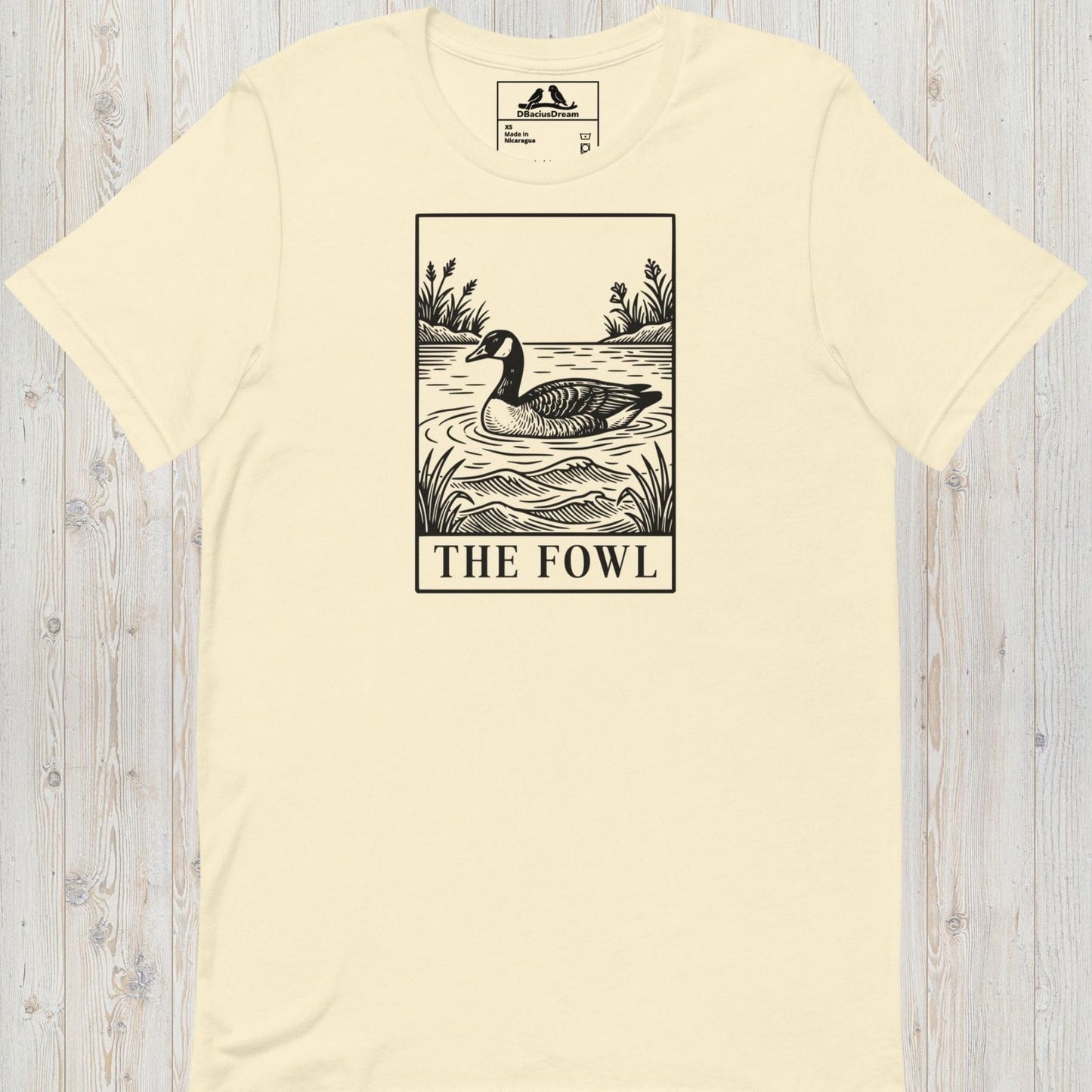 Cream funny goose t-shirt with a black graphic of a goose and the text ”The Fowl”