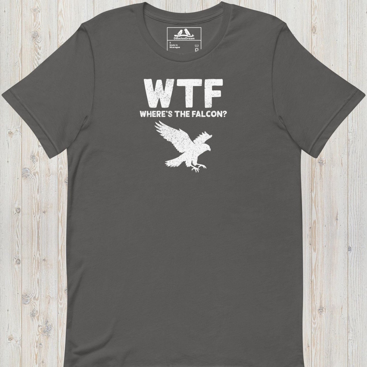 Gray funny falcon t-shirt with a white falcon graphic and the quote "WTF Where's The Falcon"