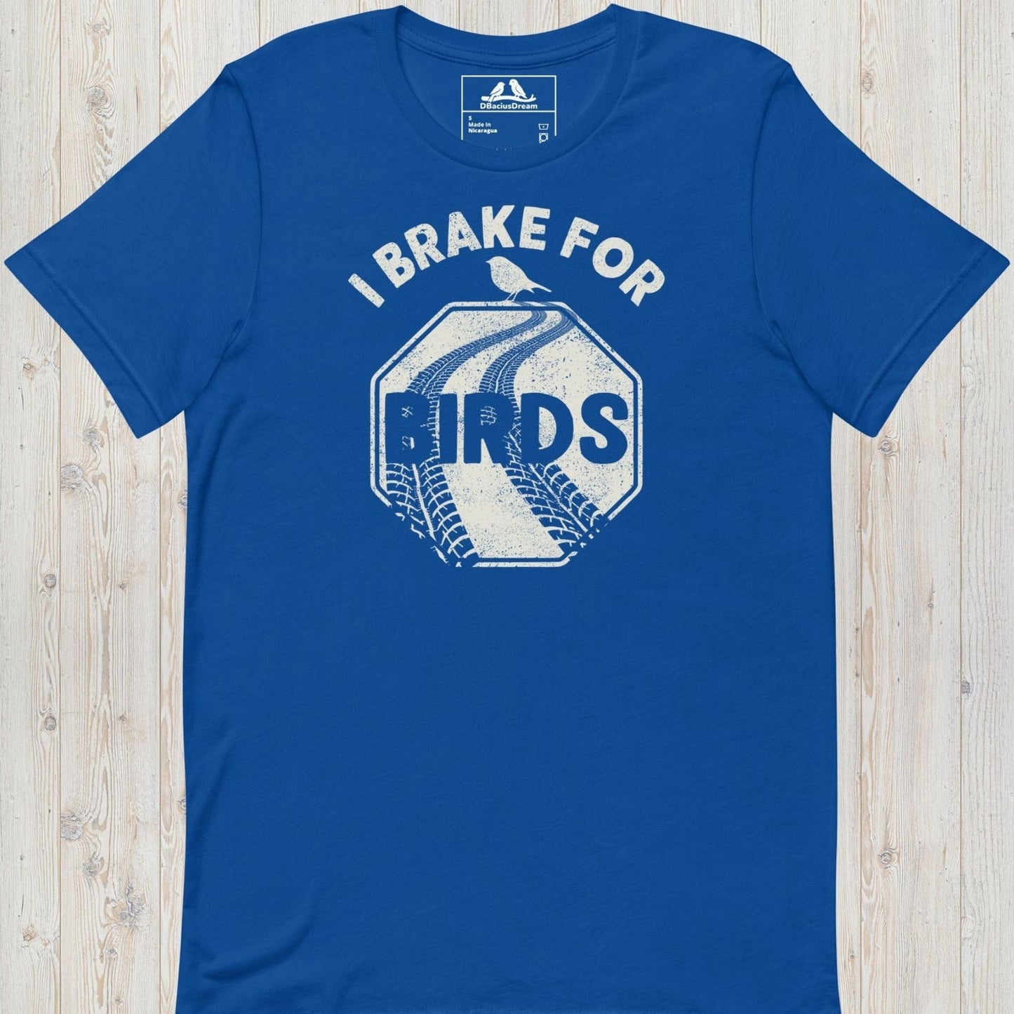 Blue I brake for birds t-shirt featuring a distressed road sign graphic