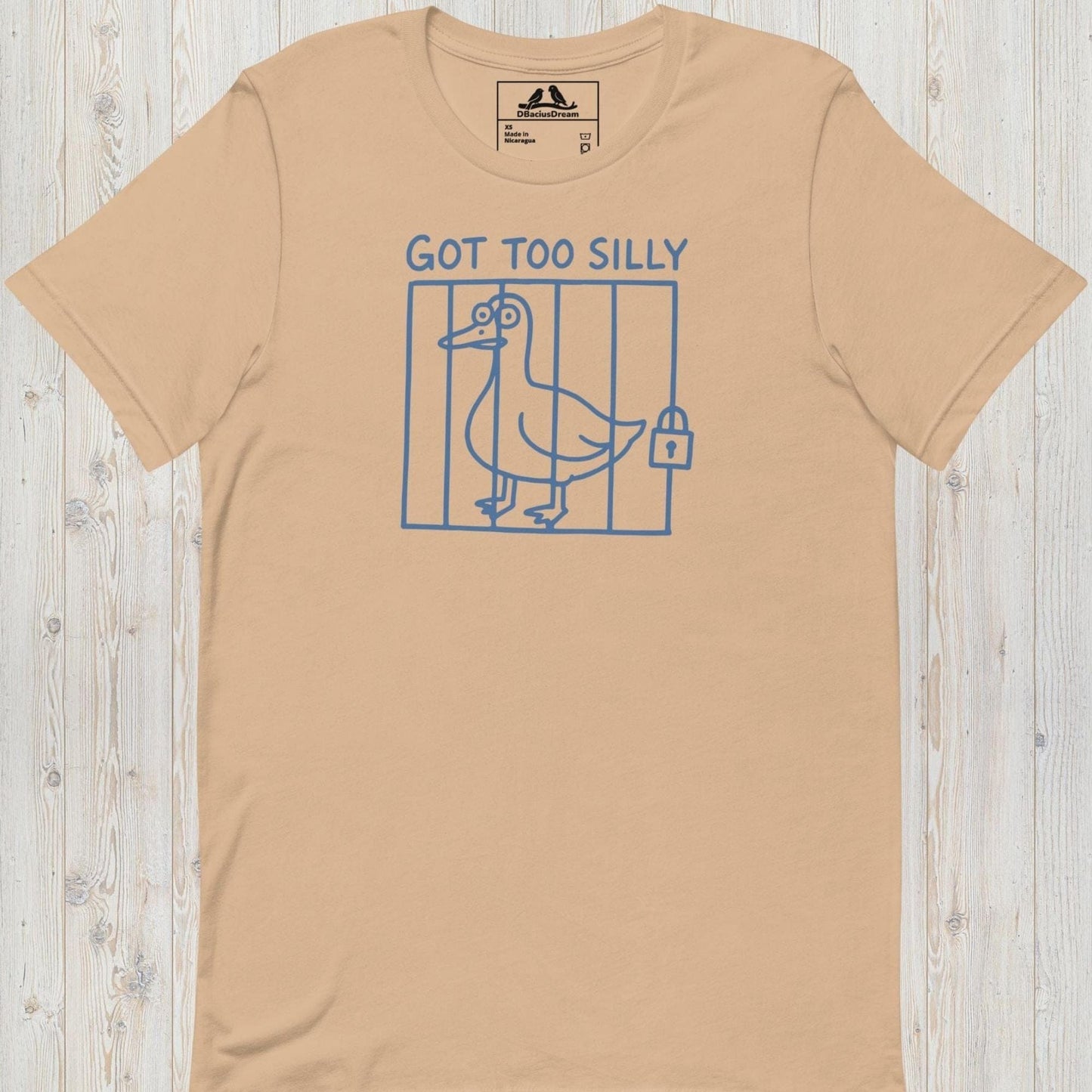 Beige got too silly funny goose t-shirt with a minimalist goose illustration behind bars and the quote "Got Too Silly"