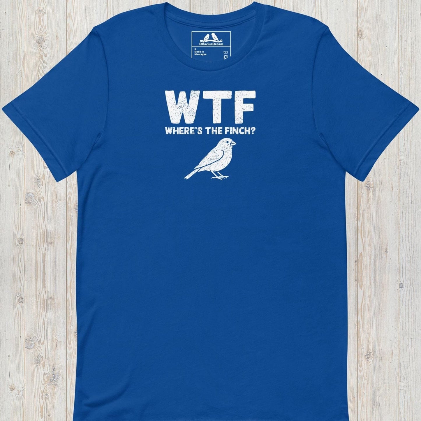 Blue funny finch t-shirt with a white finch graphic and the quote "WTF Where's The Finch"