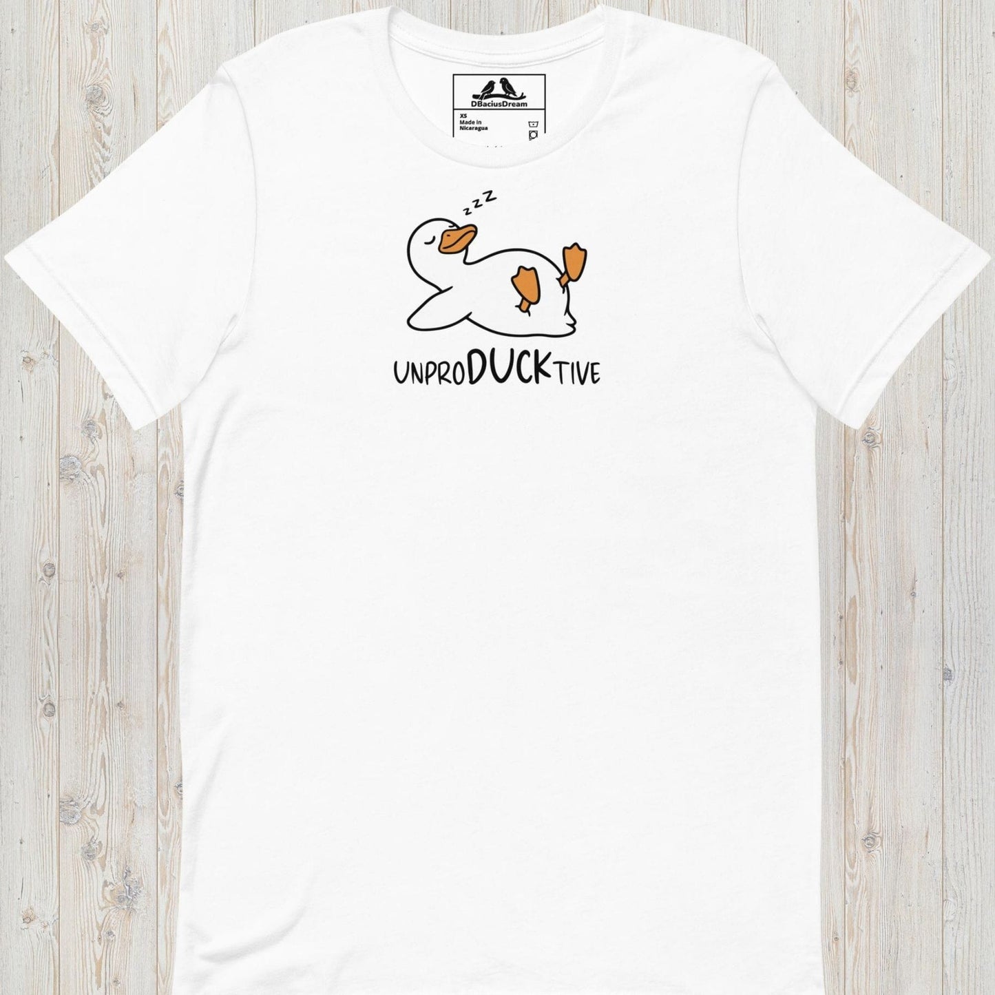 White funny duck t-shirt featuring a lazy duck lying on its back and the text "UnproDUCKtive"