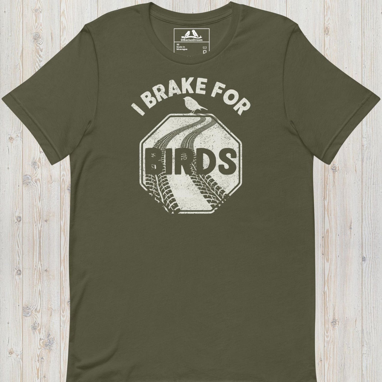 Olive Green I brake for birds t-shirt featuring a distressed road sign graphic