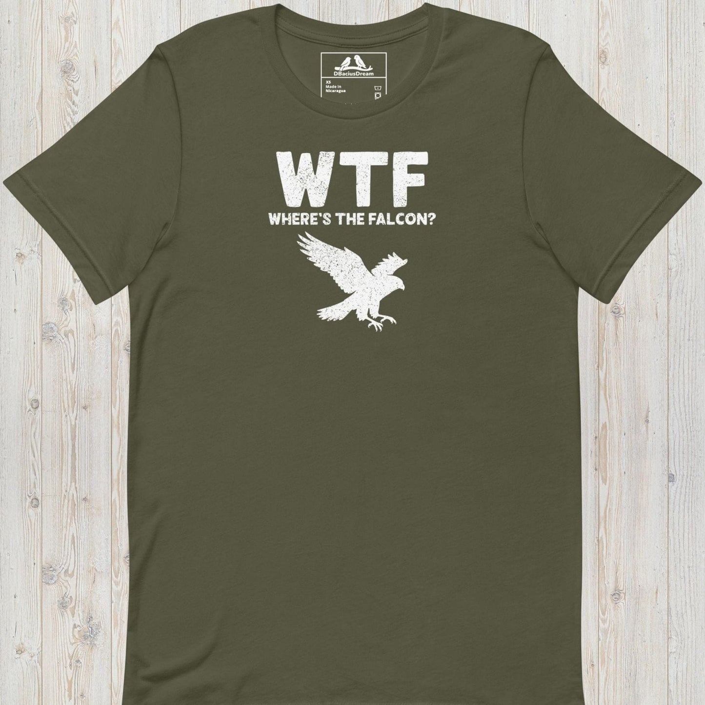 Olive green funny falcon t-shirt with a white falcon graphic and the quote "WTF Where's The Falcon"