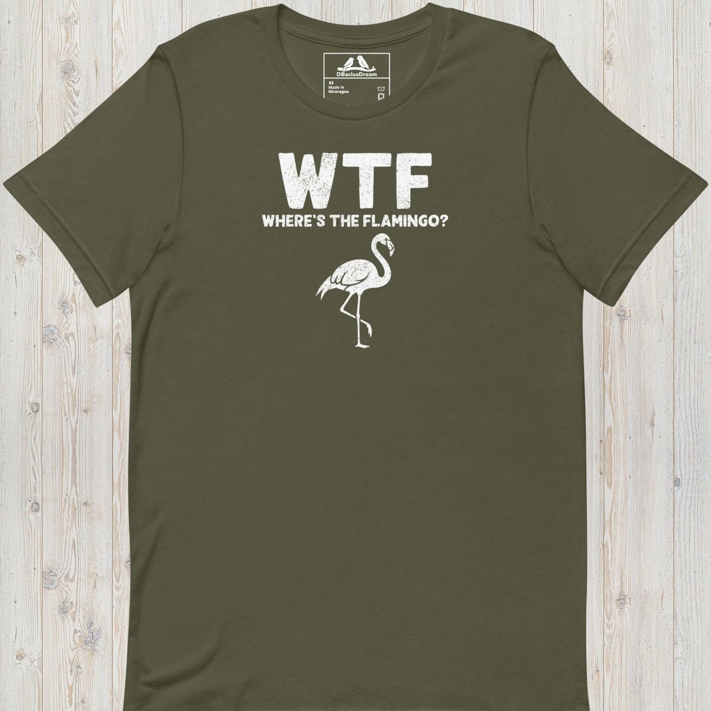 Olive green funny flamingo t-shirt with a white flamingo graphic and the quote "WTF Where's The Flamingo"