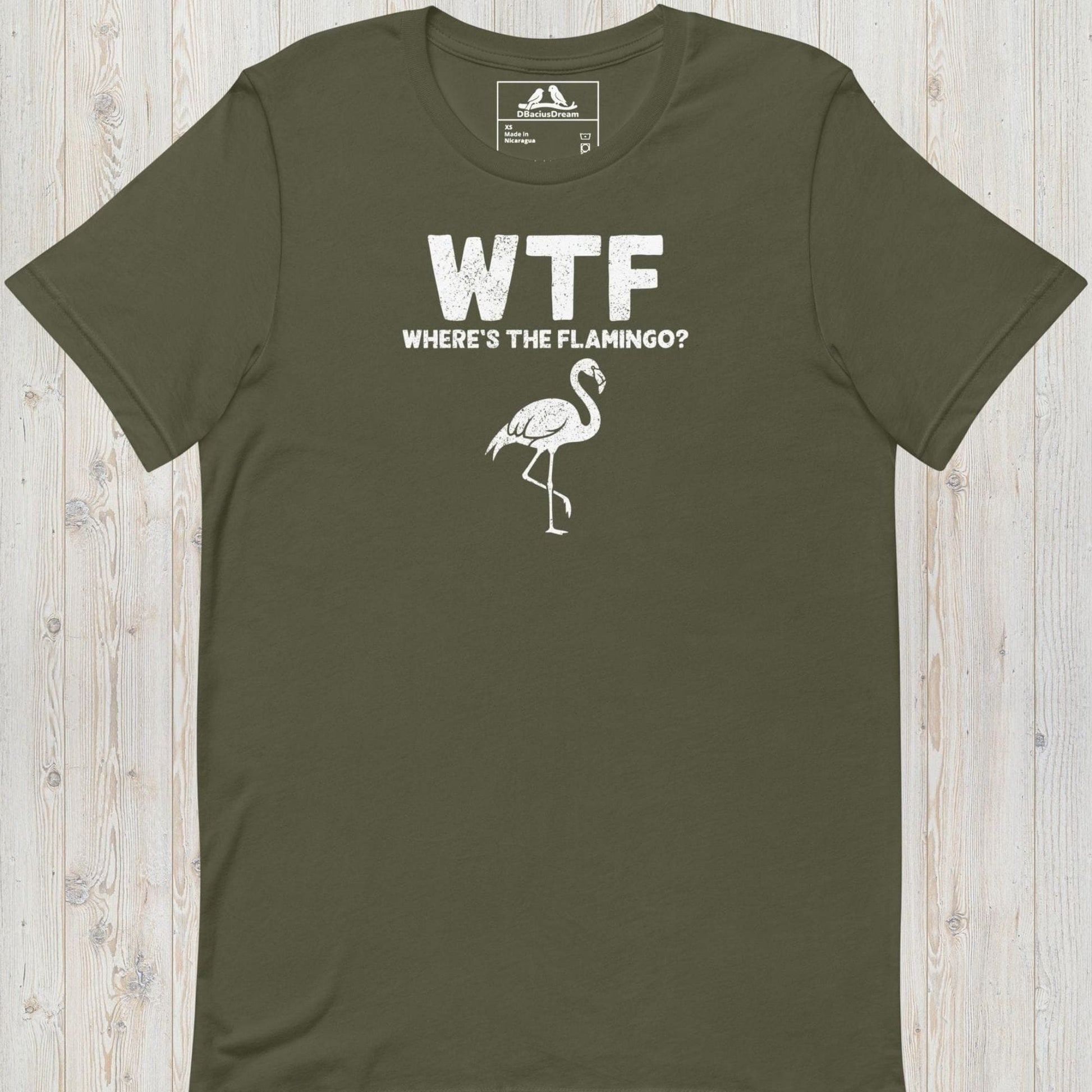 Olive green funny flamingo t-shirt with a white flamingo graphic and the quote "WTF Where's The Flamingo"