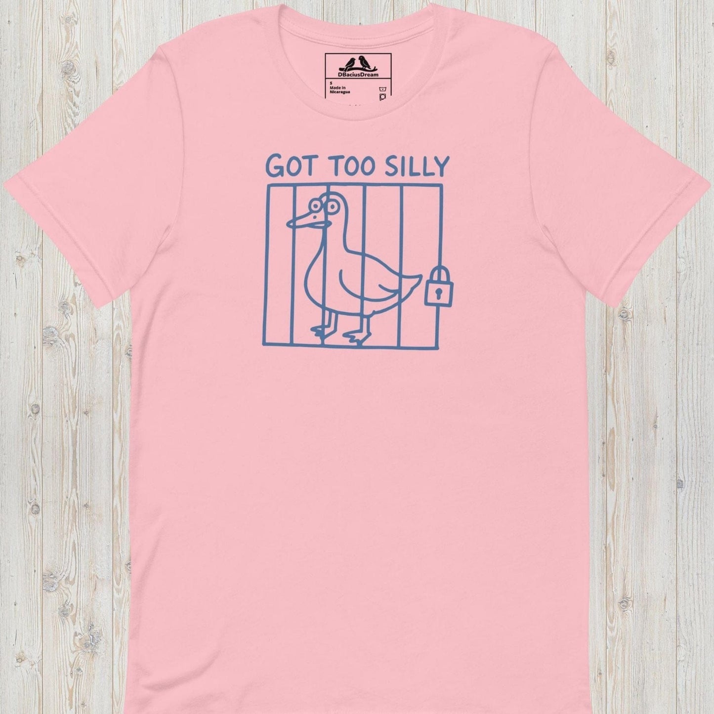 Pink got too silly funny goose t-shirt with a minimalist goose illustration behind bars and the quote "Got Too Silly"