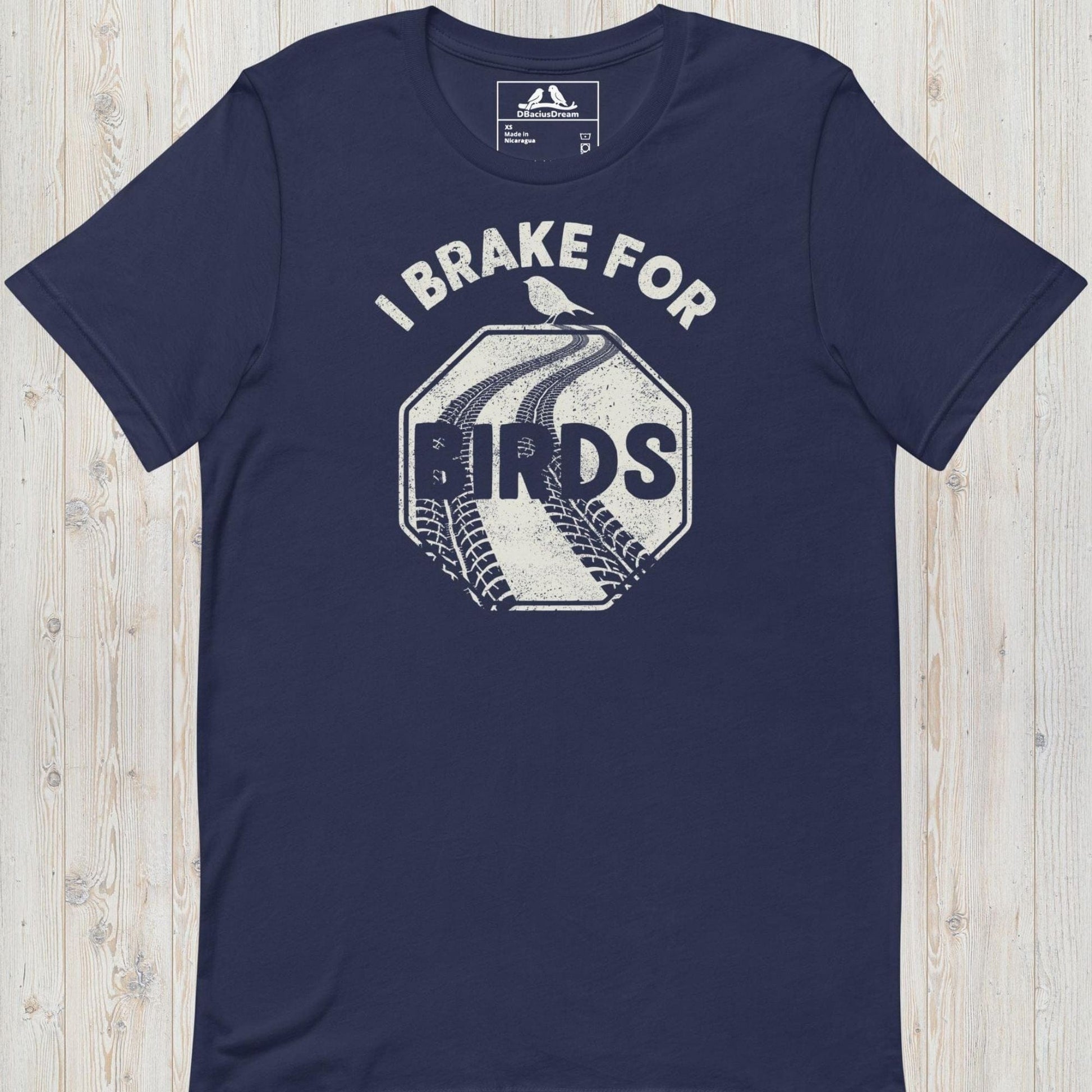 Dark blue I brake for birds t-shirt featuring a distressed road sign graphic