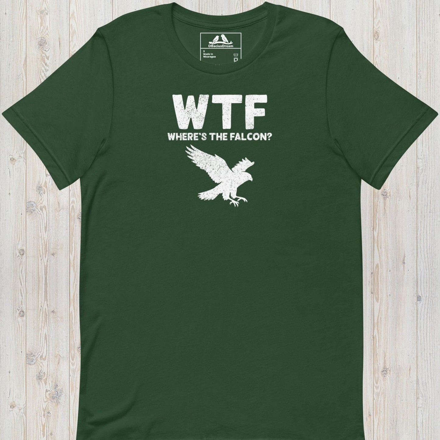 Green funny falcon t-shirt with a white falcon graphic and the quote "WTF Where's The Falcon"