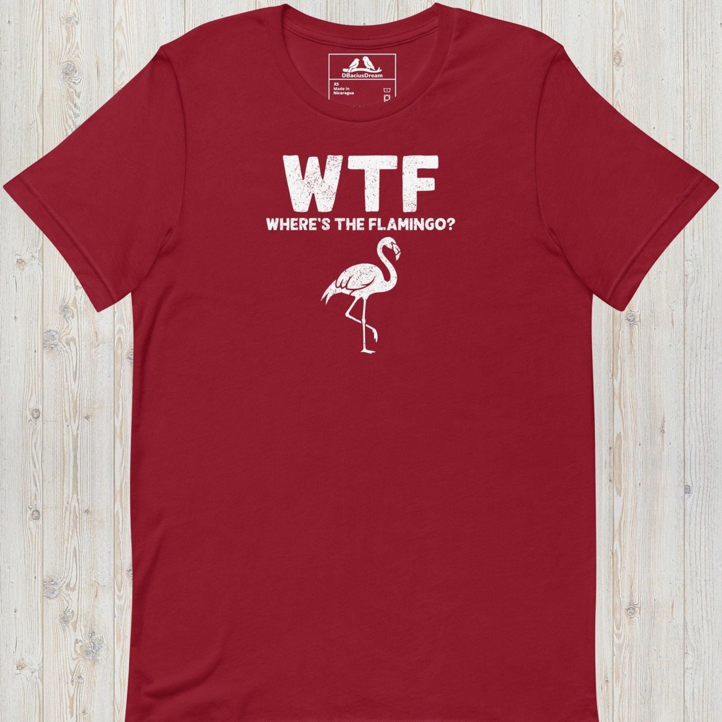 Red funny flamingo t-shirt with a white flamingo graphic and the quote "WTF Where's The Flamingo"