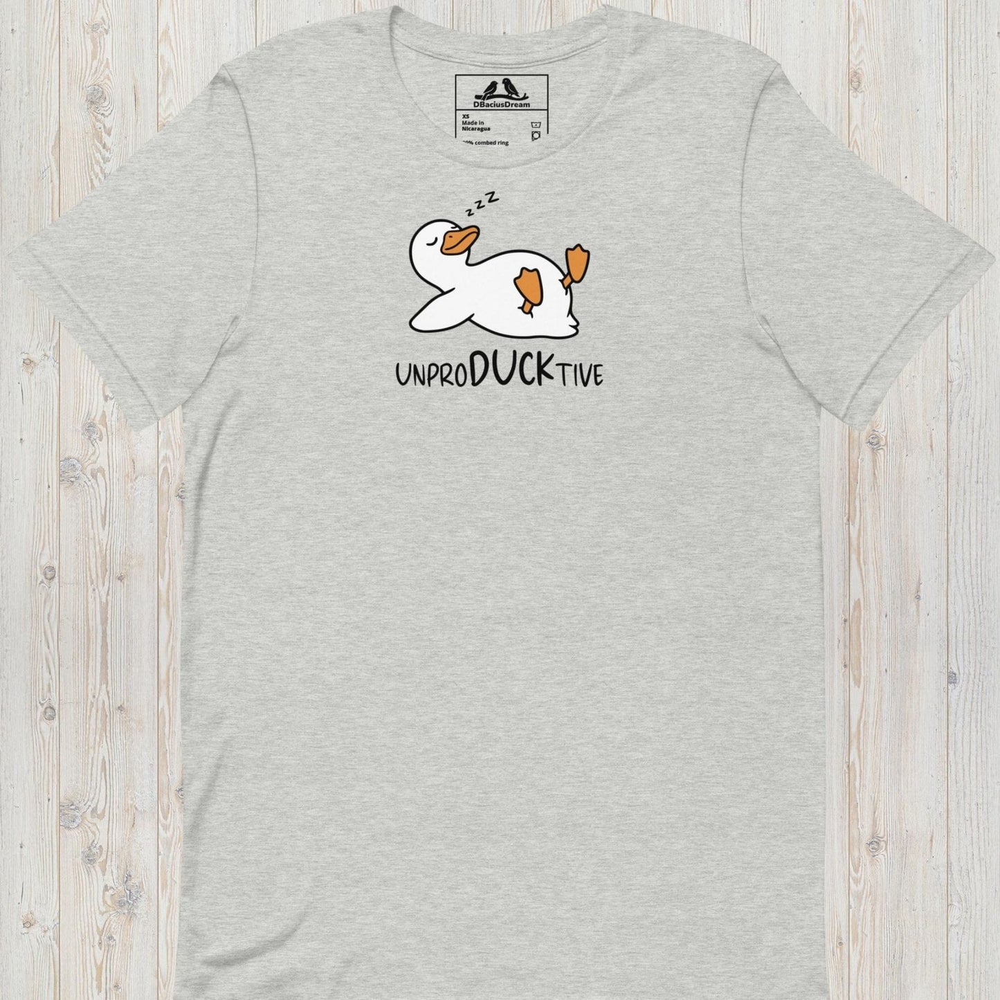 Gray funny duck t-shirt featuring a lazy duck lying on its back and the text "UnproDUCKtive"