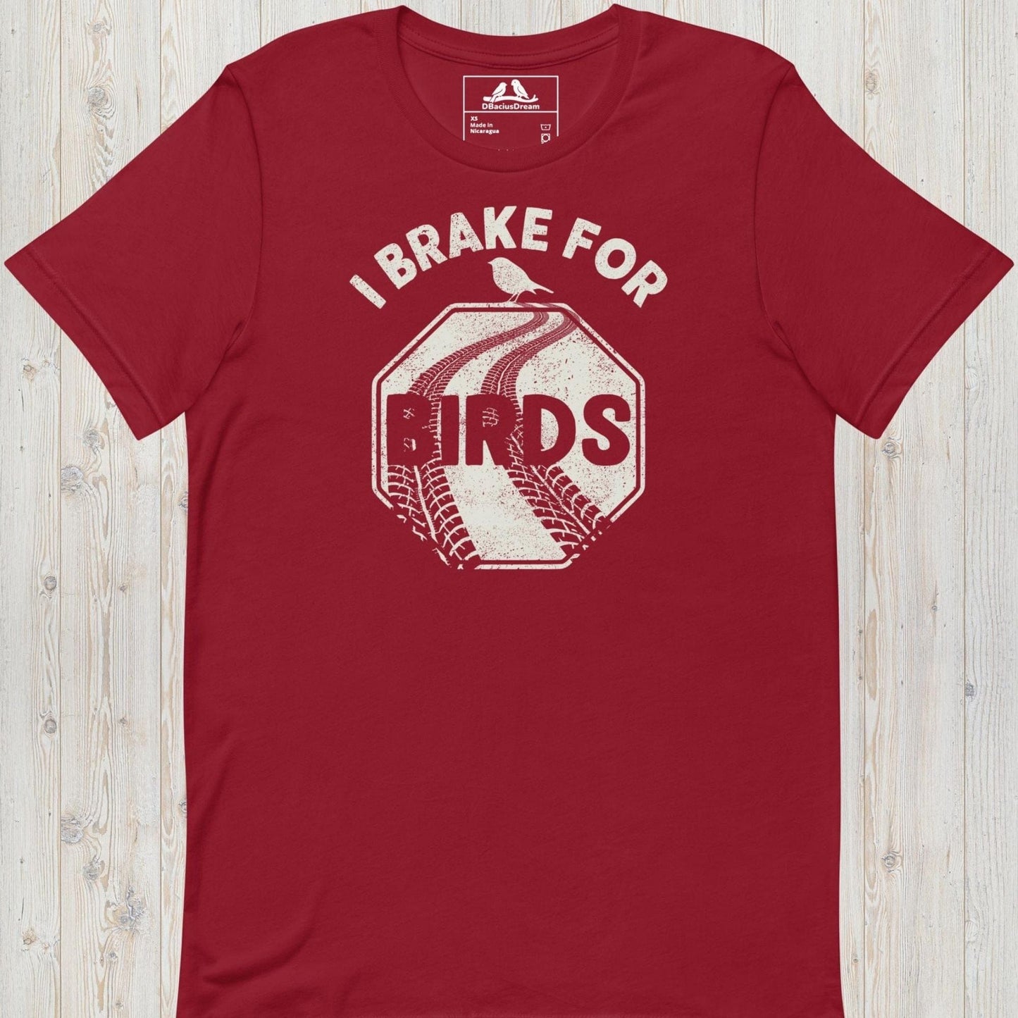 Red I brake for birds t-shirt featuring a distressed road sign graphic
