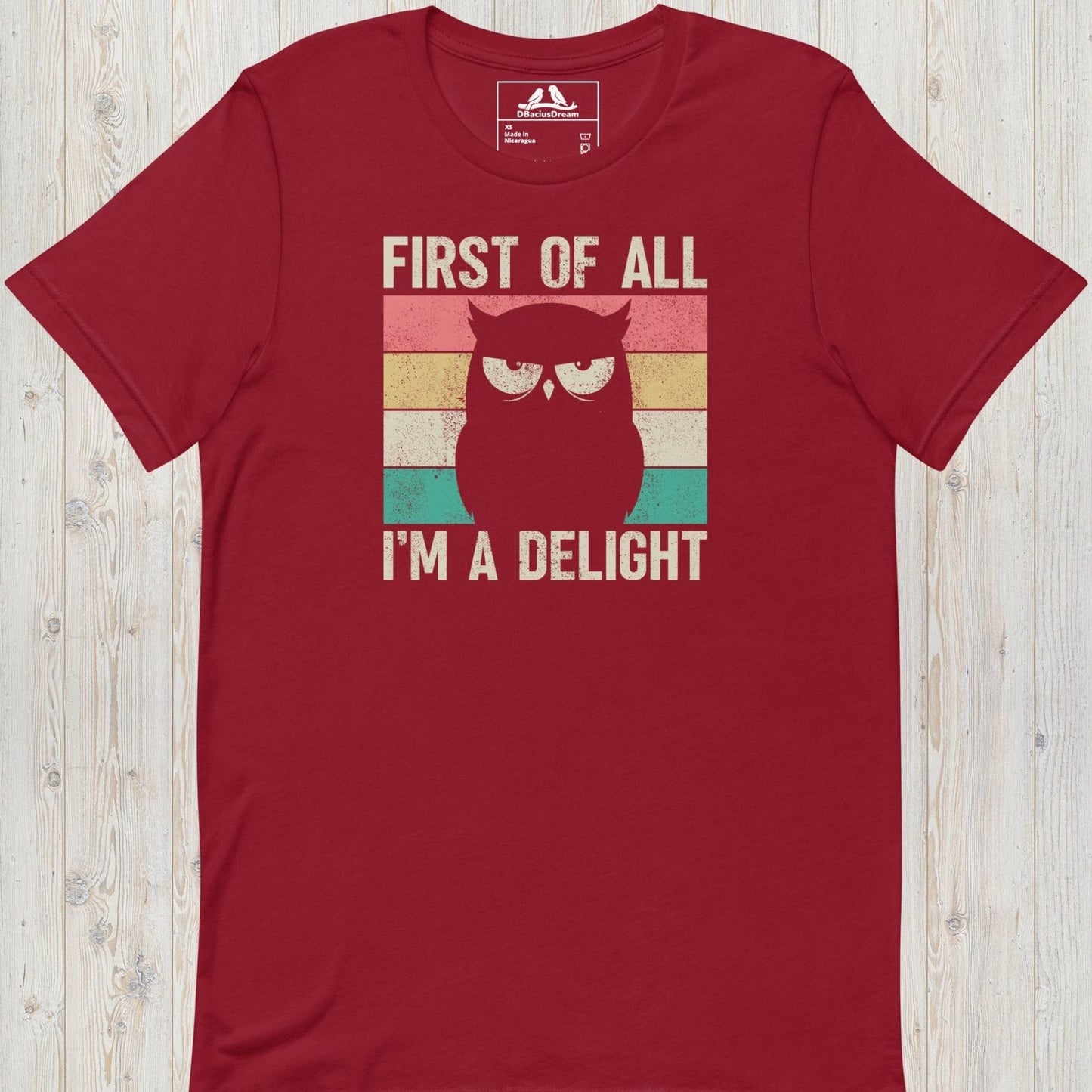 Red funny owl t-shirt with vintage grumpy owl graphic and text "First Of All, I'm A Delight"