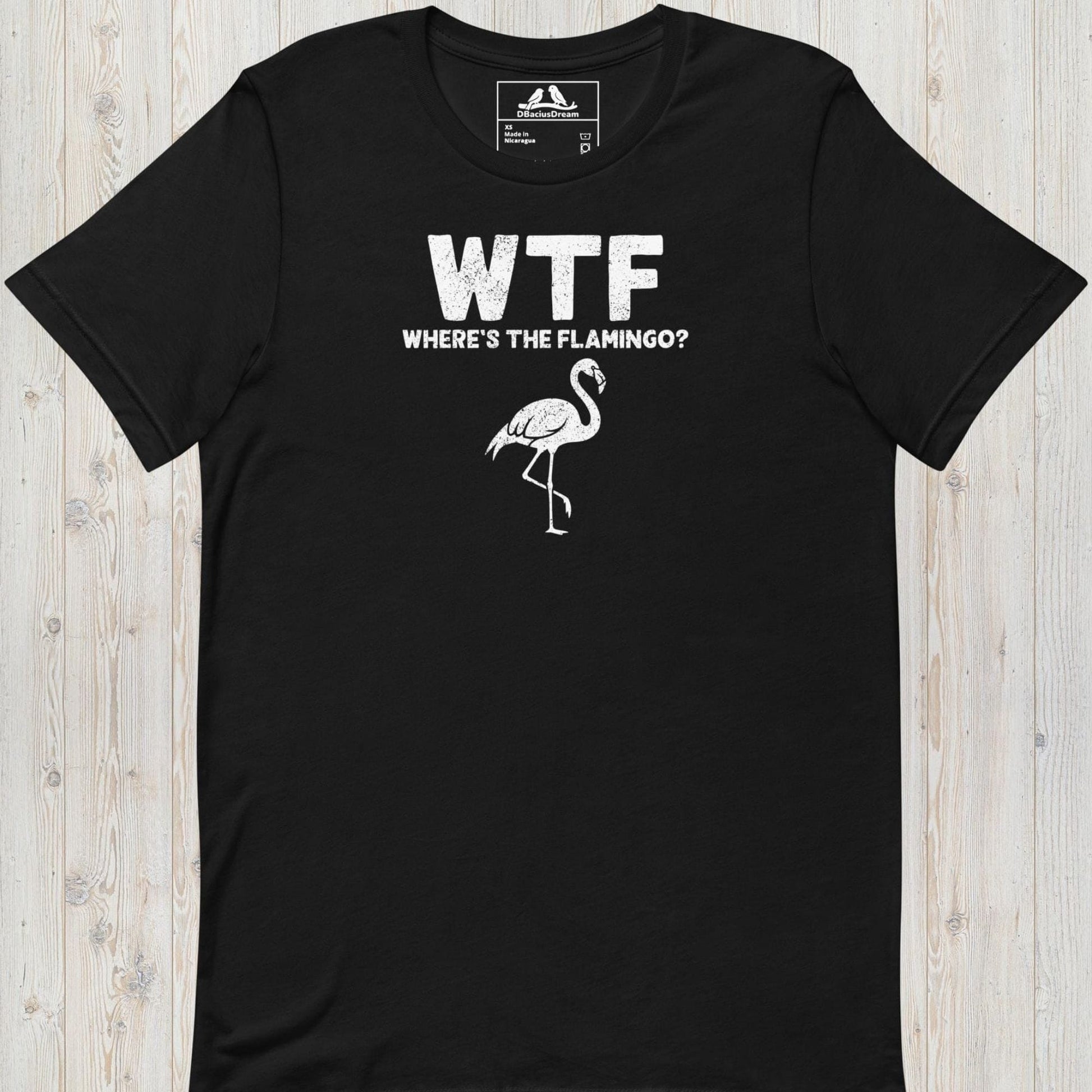 Black funny flamingo t-shirt with a white flamingo graphic and the quote "WTF Where's The Flamingo"