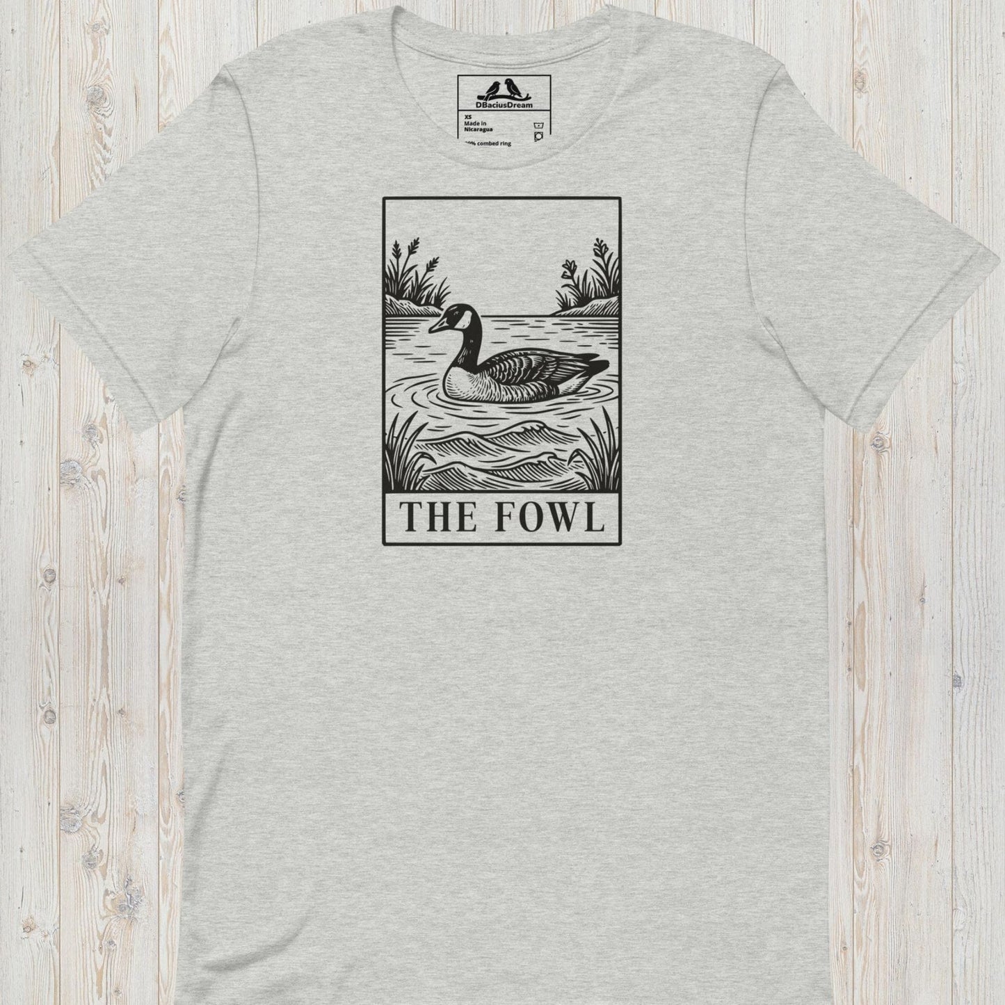 Gray funny goose t-shirt with a black graphic of a goose and the text ”The Fowl”
