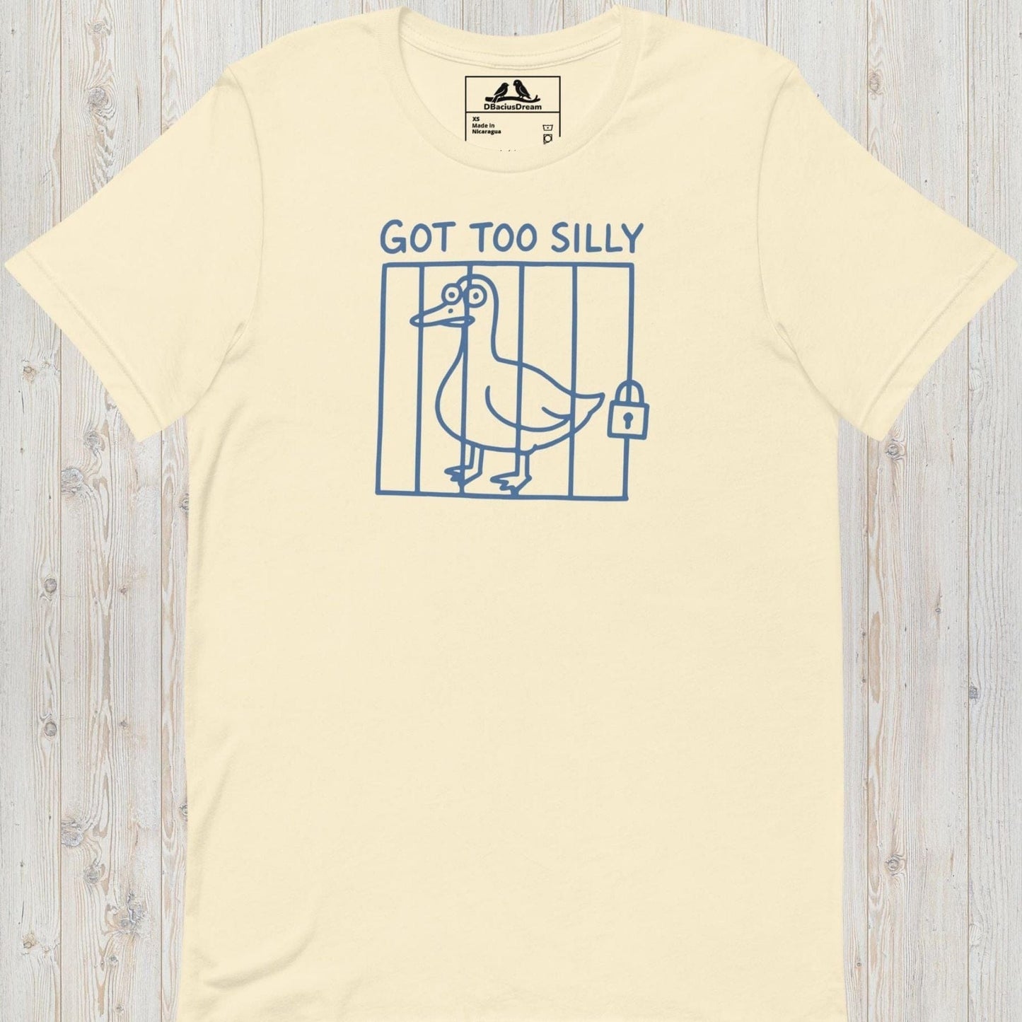 Cream got too silly funny goose t-shirt with a minimalist goose illustration behind bars and the quote "Got Too Silly"