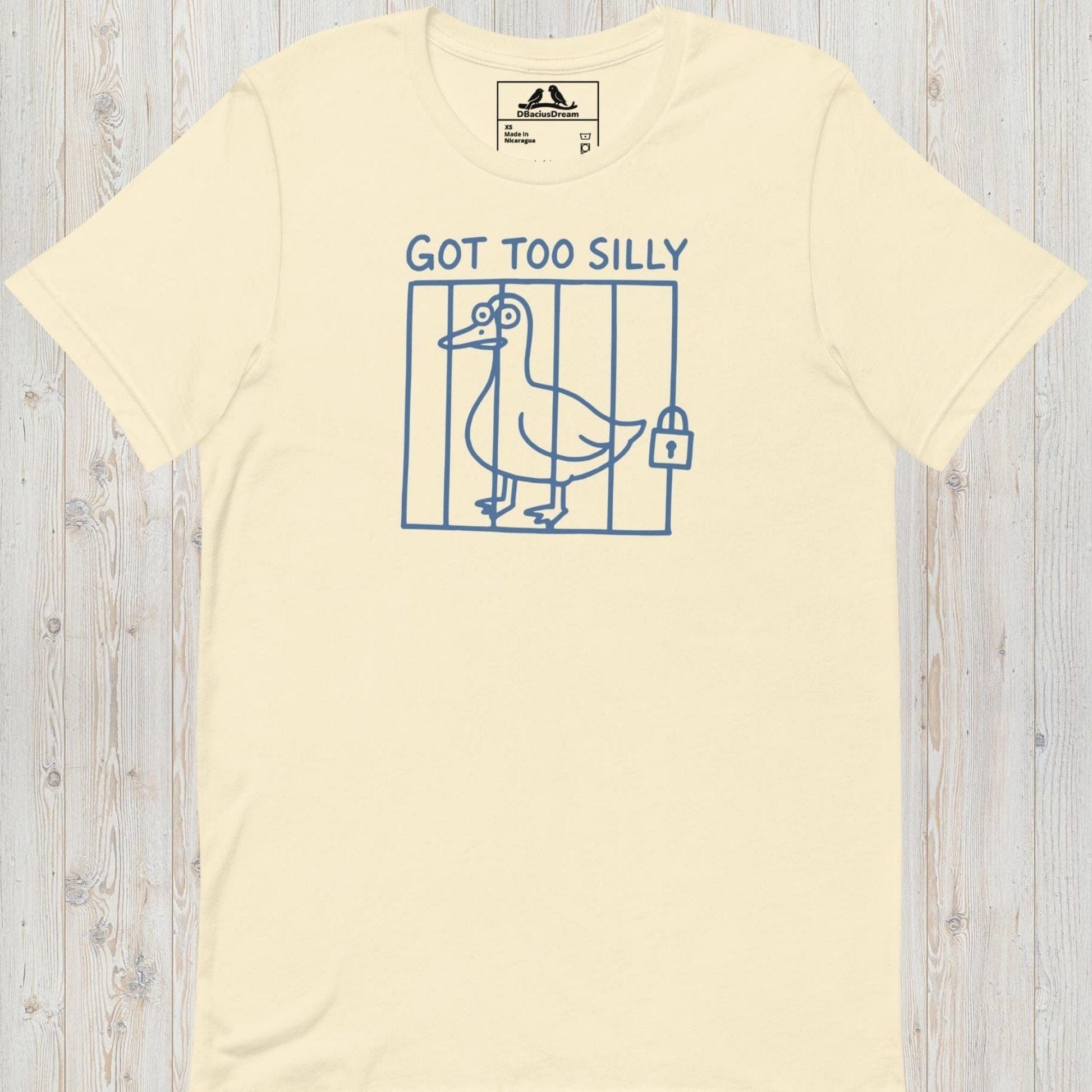 Cream got too silly funny goose t-shirt with a minimalist goose illustration behind bars and the quote "Got Too Silly"