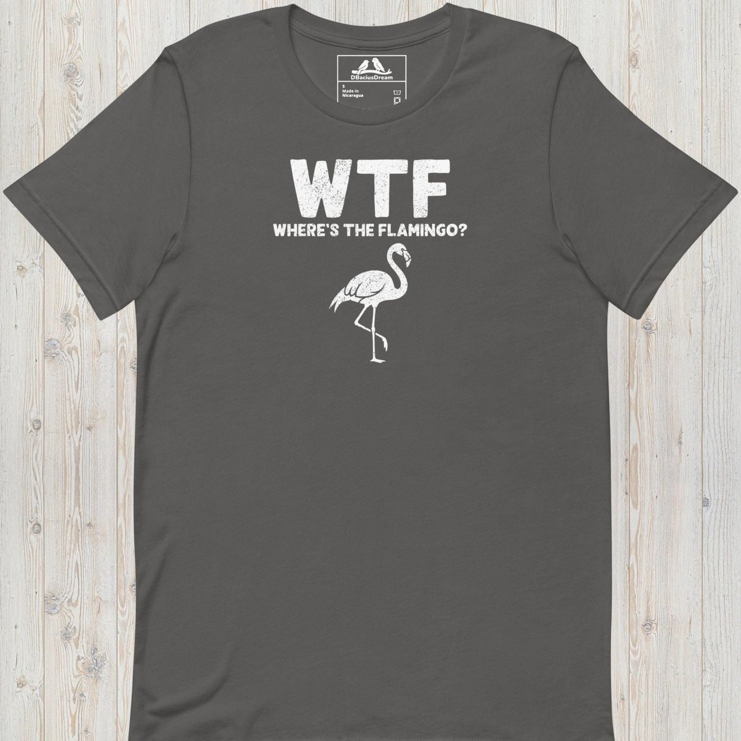 Gray funny flamingo t-shirt with a white flamingo graphic and the quote "WTF Where's The Flamingo"