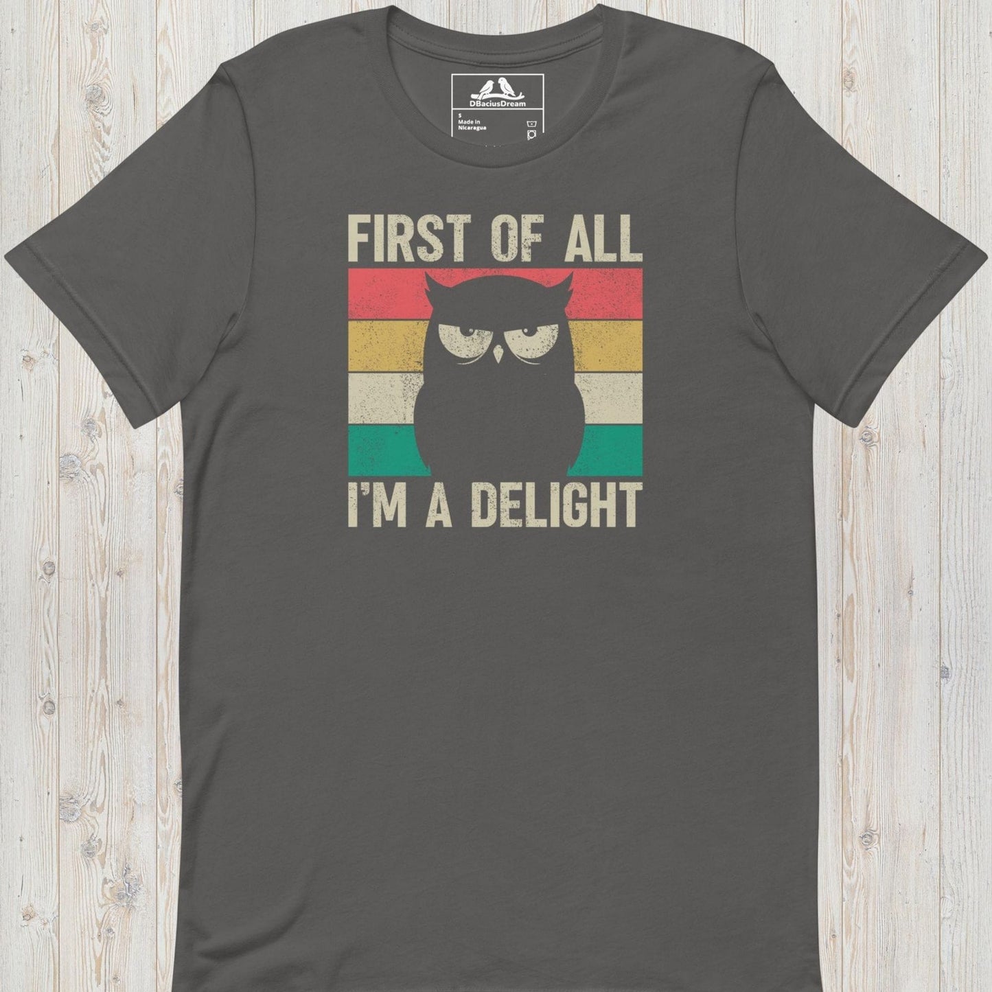 Gray funny owl t-shirt with vintage grumpy owl graphic and text "First Of All, I'm A Delight"