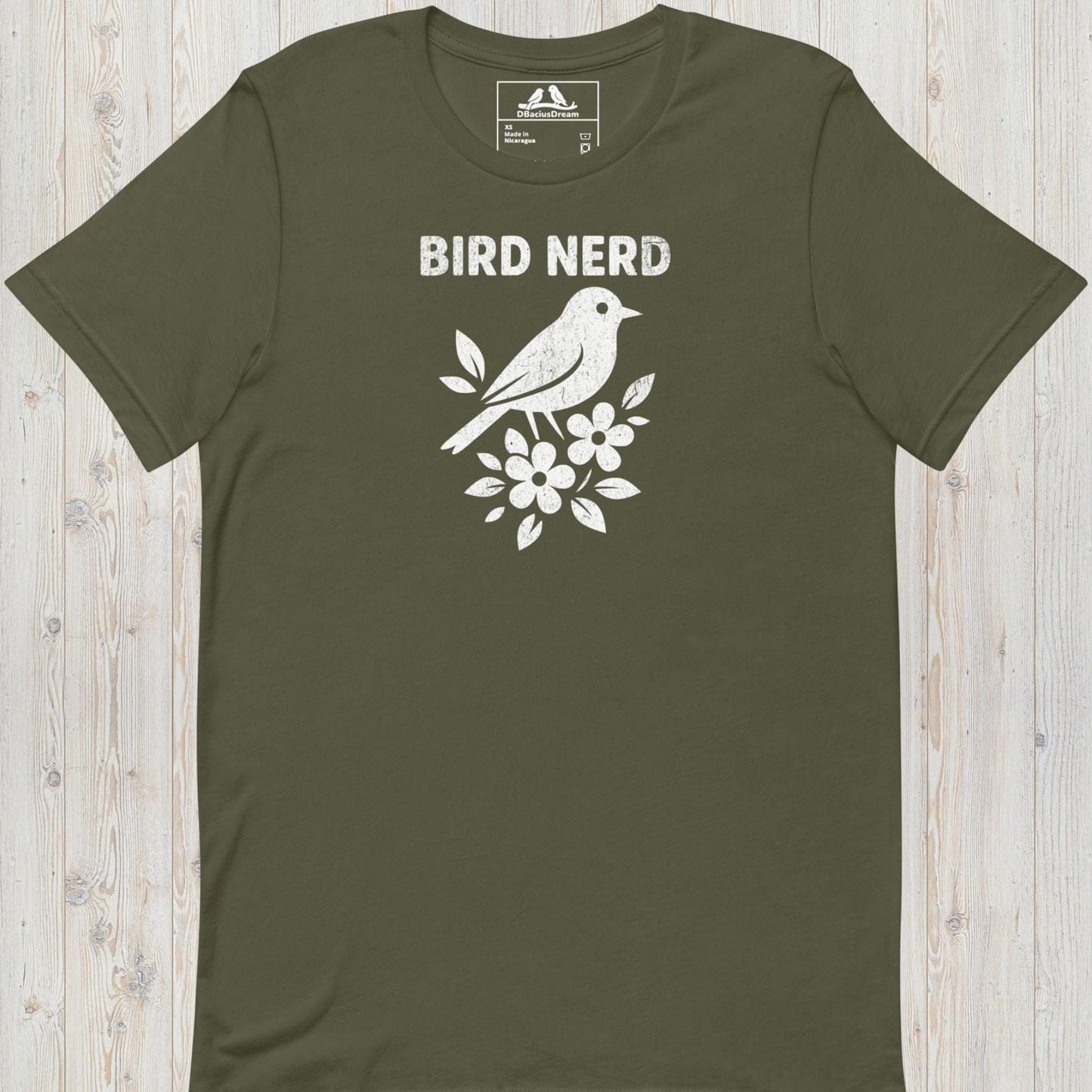 Olive green vintage bird nerd t-shirt featuring a simple white bird graphic and Bird Nerd text