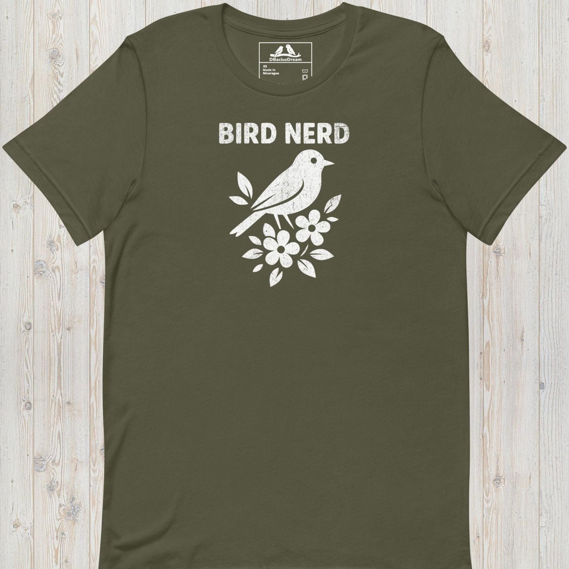 Olive green vintage bird nerd t-shirt featuring a simple white bird graphic and Bird Nerd text